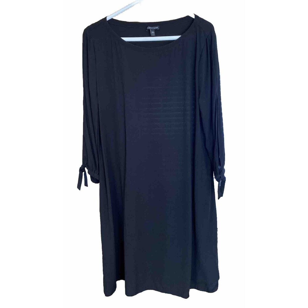 Eileen Fisher M 100% Silk Sheath Dress Black Semi-Sheer Knee Length Split Sleeve